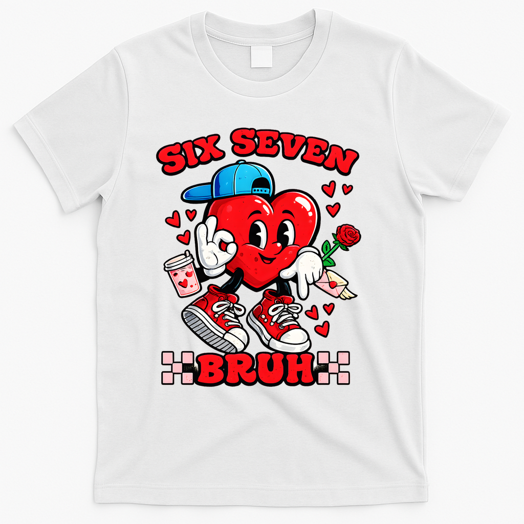 Funny Six Seven Bruh Heart 67 6-7 Valentines Day T-Shirt - White