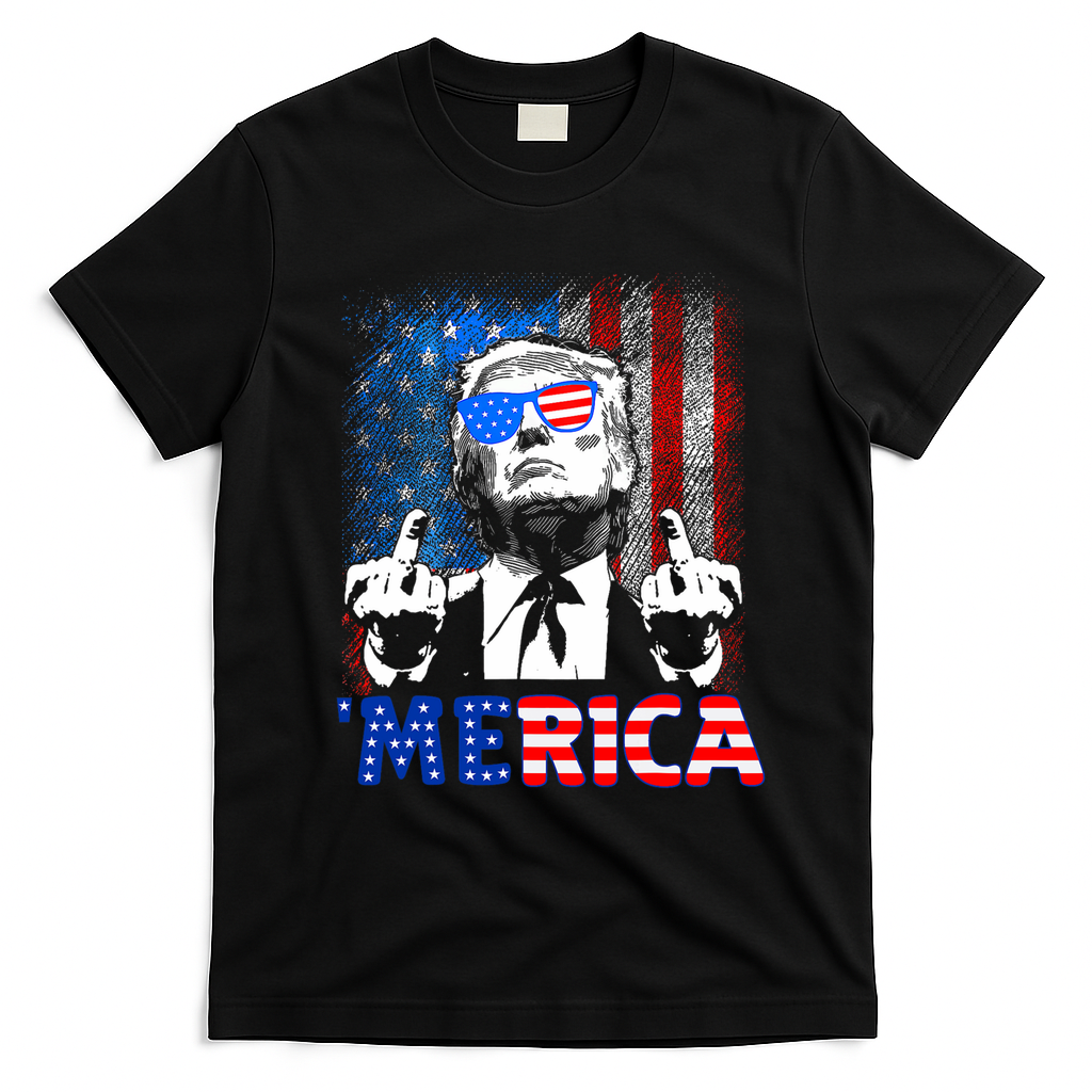 Funny Trump 4th Of July Merica American Flag Sunglasses T-Shirt - Black