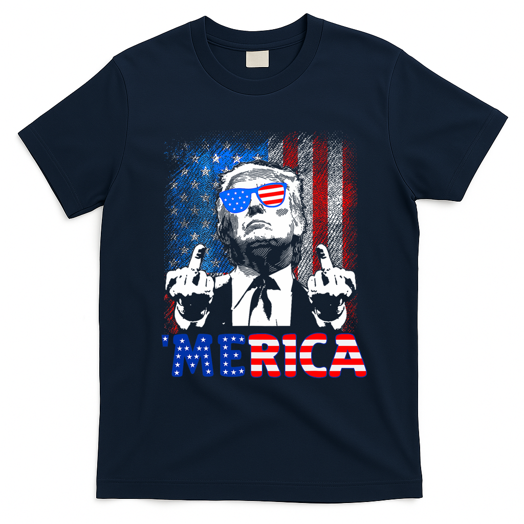 Funny Trump 4th Of July Merica American Flag Sunglasses T-Shirt - Navy Blue