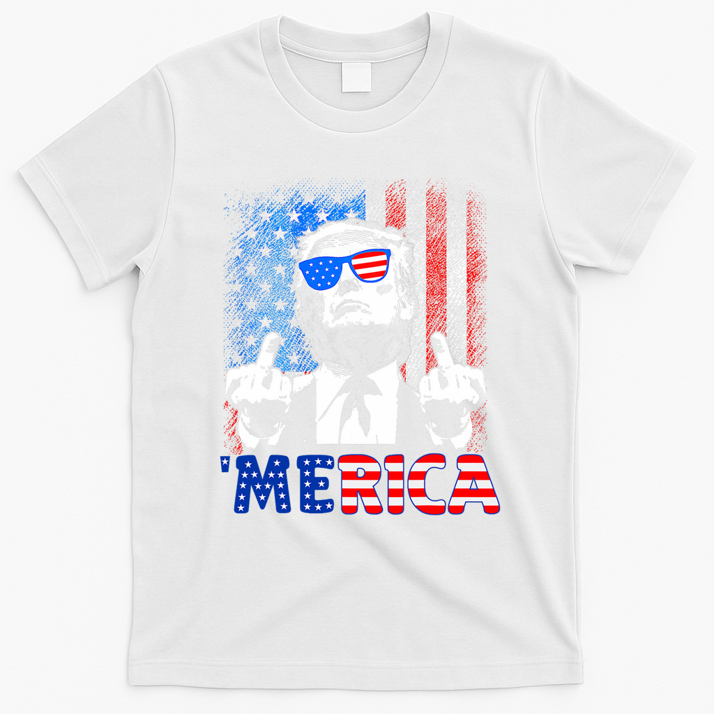 Funny Trump 4th Of July Merica American Flag Sunglasses T-Shirt - White