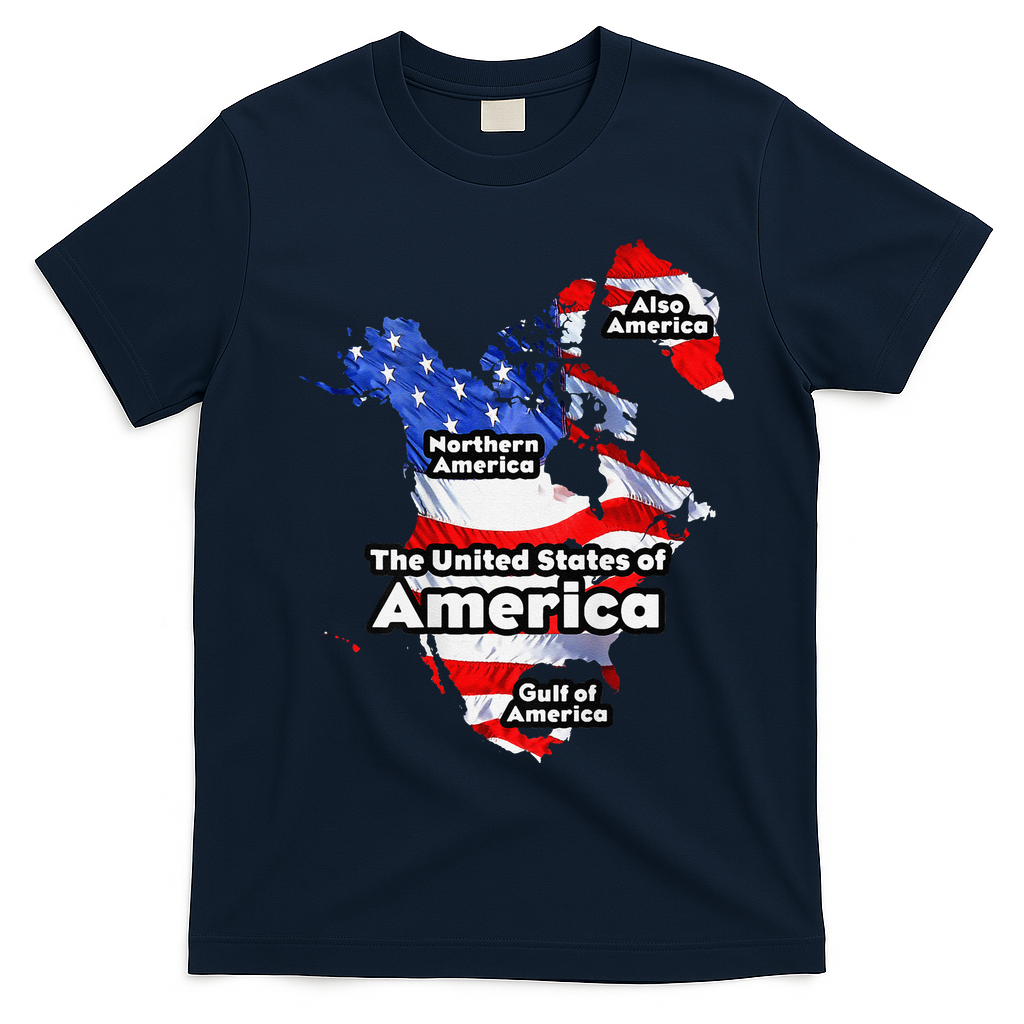 Funny Trump American Flag Canada Greenland Gulf Map On Back T-Shirt - Navy Blue