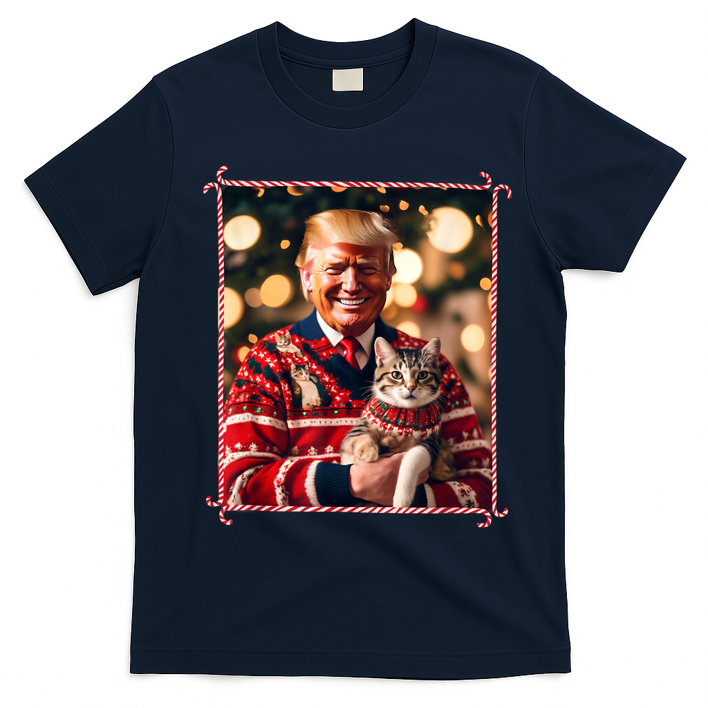 Funny Trump Christmas Sweater For Cat Lovers T-Shirt - Navy Blue