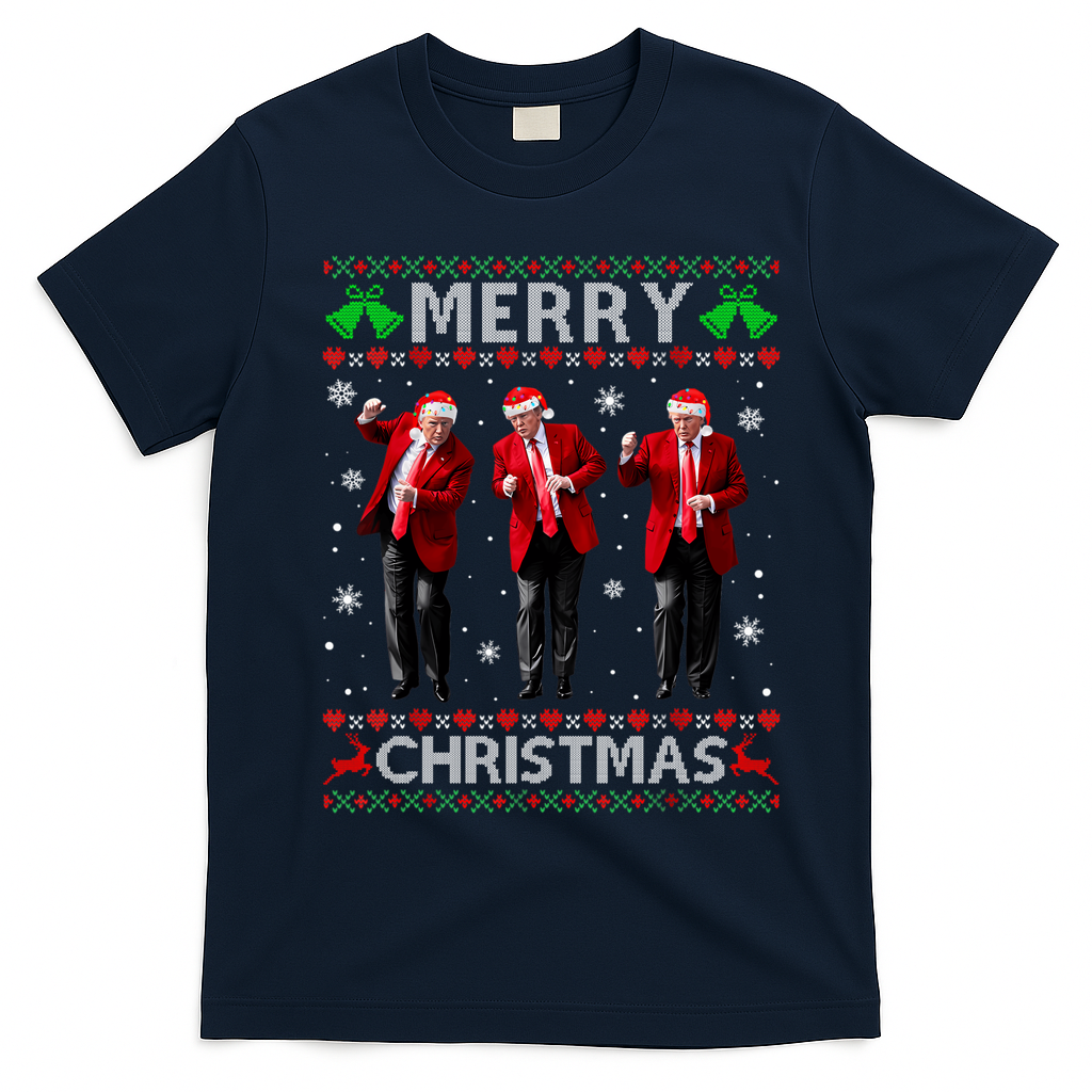 Funny Trump Dance Merry Christmas Ugly Xmas Sweater Pajamas T-Shirt - Navy Blue