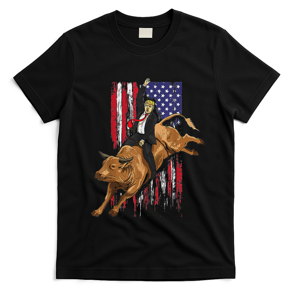 Funny Trump Rodeo Bull Rider Patriotic American Flag Trump T-Shirt - Black