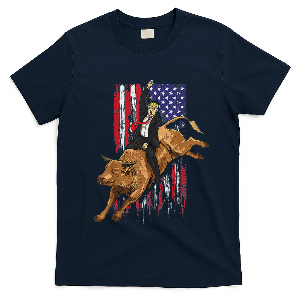 Funny Trump Rodeo Bull Rider Patriotic American Flag Trump T-Shirt - Navy Blue