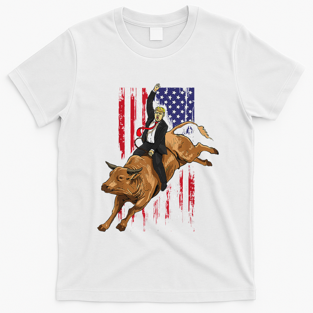 Funny Trump Rodeo Bull Rider Patriotic American Flag Trump T-Shirt - White
