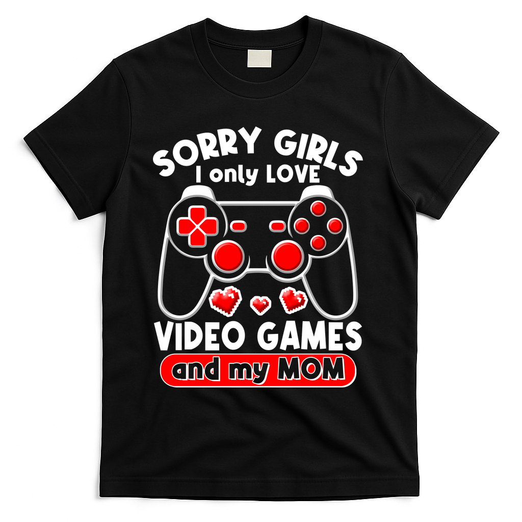 Funny Valentines Day Sorry Girls I Only Love Video Games And My Mom  T-Shirt - Black