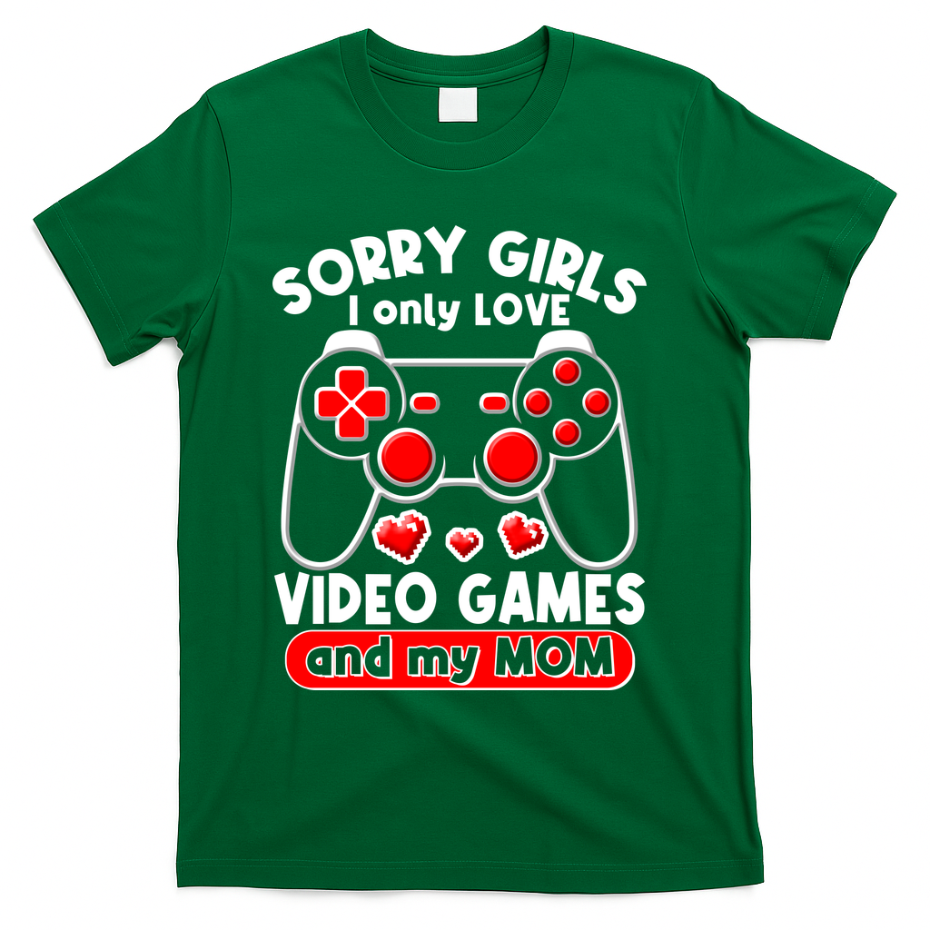 Funny Valentines Day Sorry Girls I Only Love Video Games And My Mom  T-Shirt - Green
