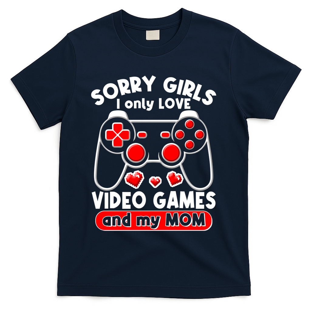 Funny Valentines Day Sorry Girls I Only Love Video Games And My Mom  T-Shirt - Navy