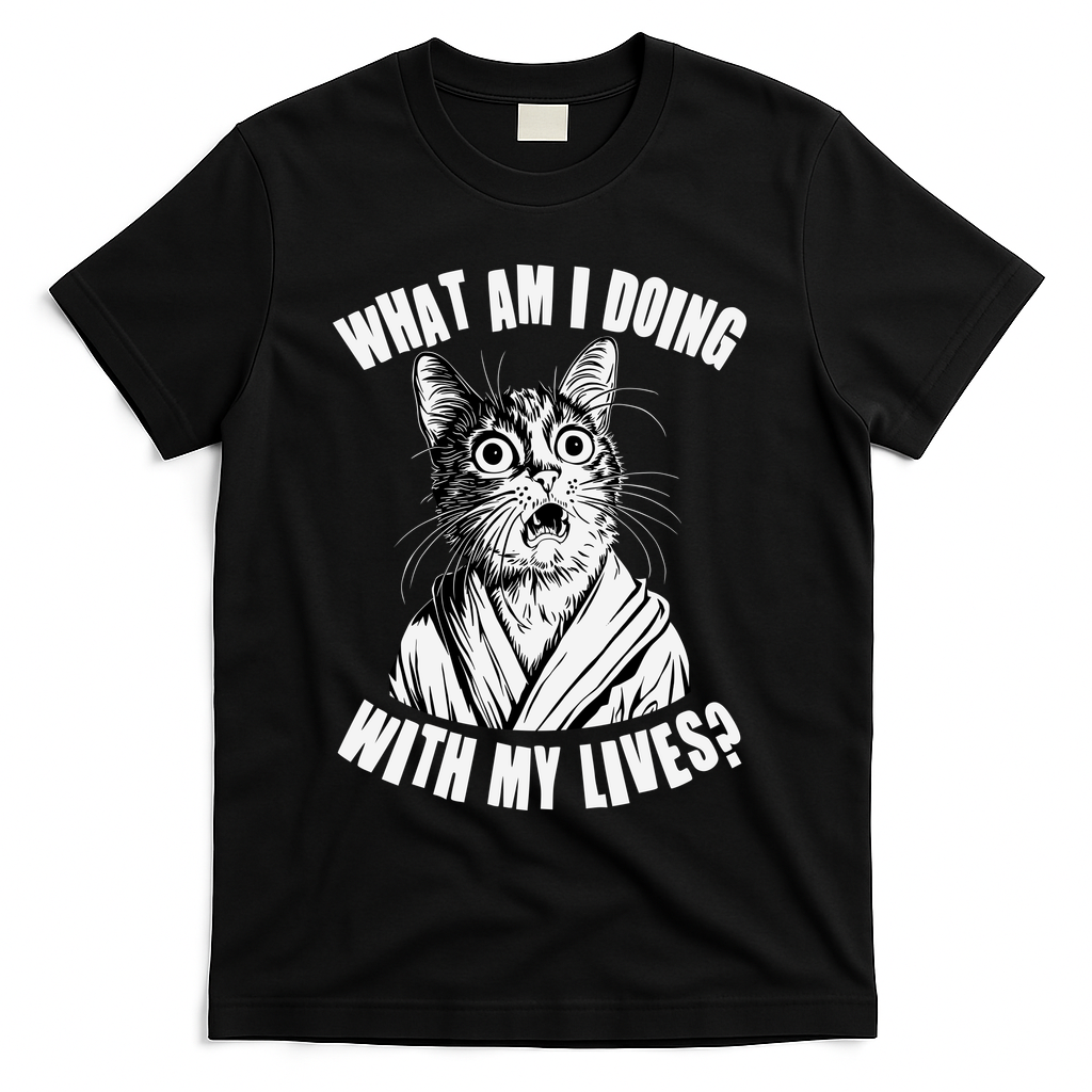 Funny What Am I Doing With My Lives Existential Crisis Cat T-Shirt - Black