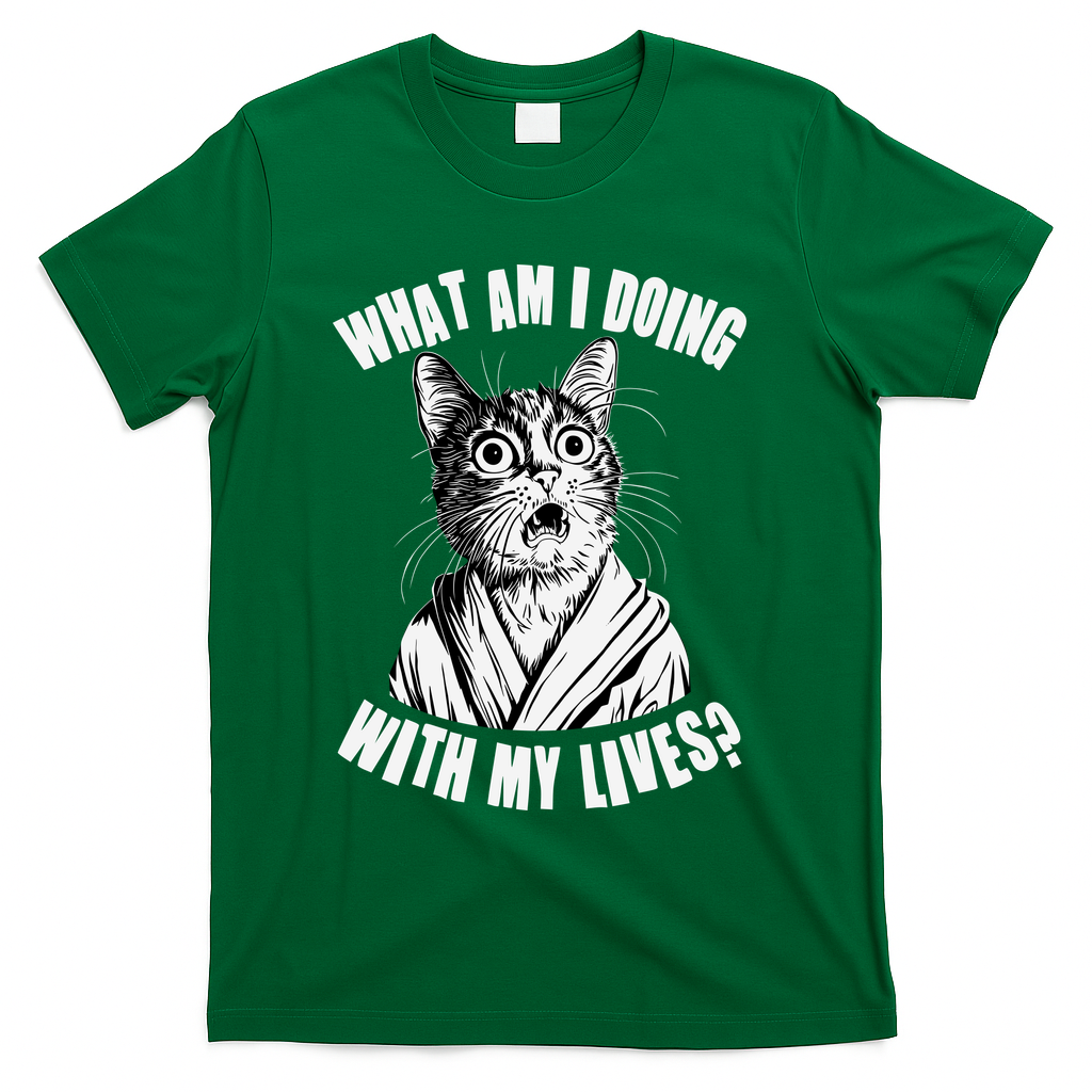 Funny What Am I Doing With My Lives Existential Crisis Cat T-Shirt - Green