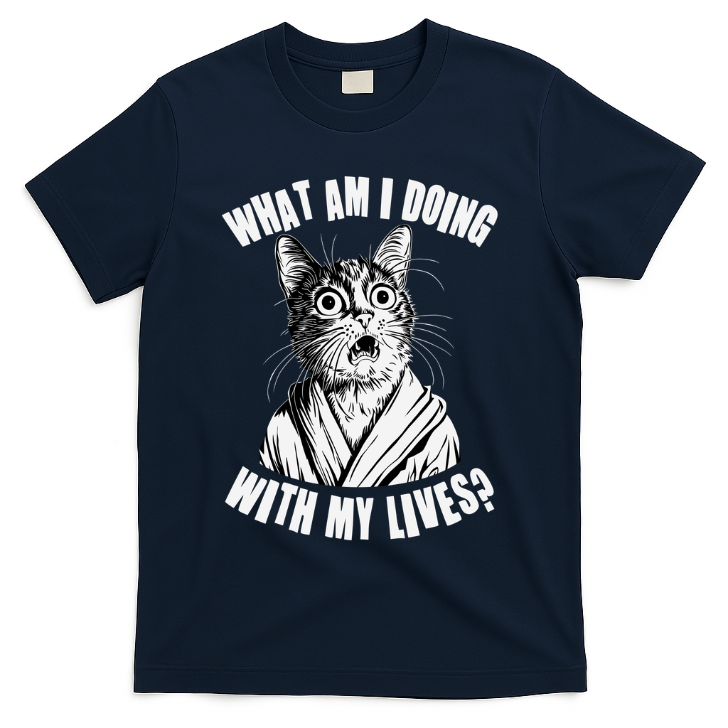 Funny What Am I Doing With My Lives Existential Crisis Cat T-Shirt - Navy