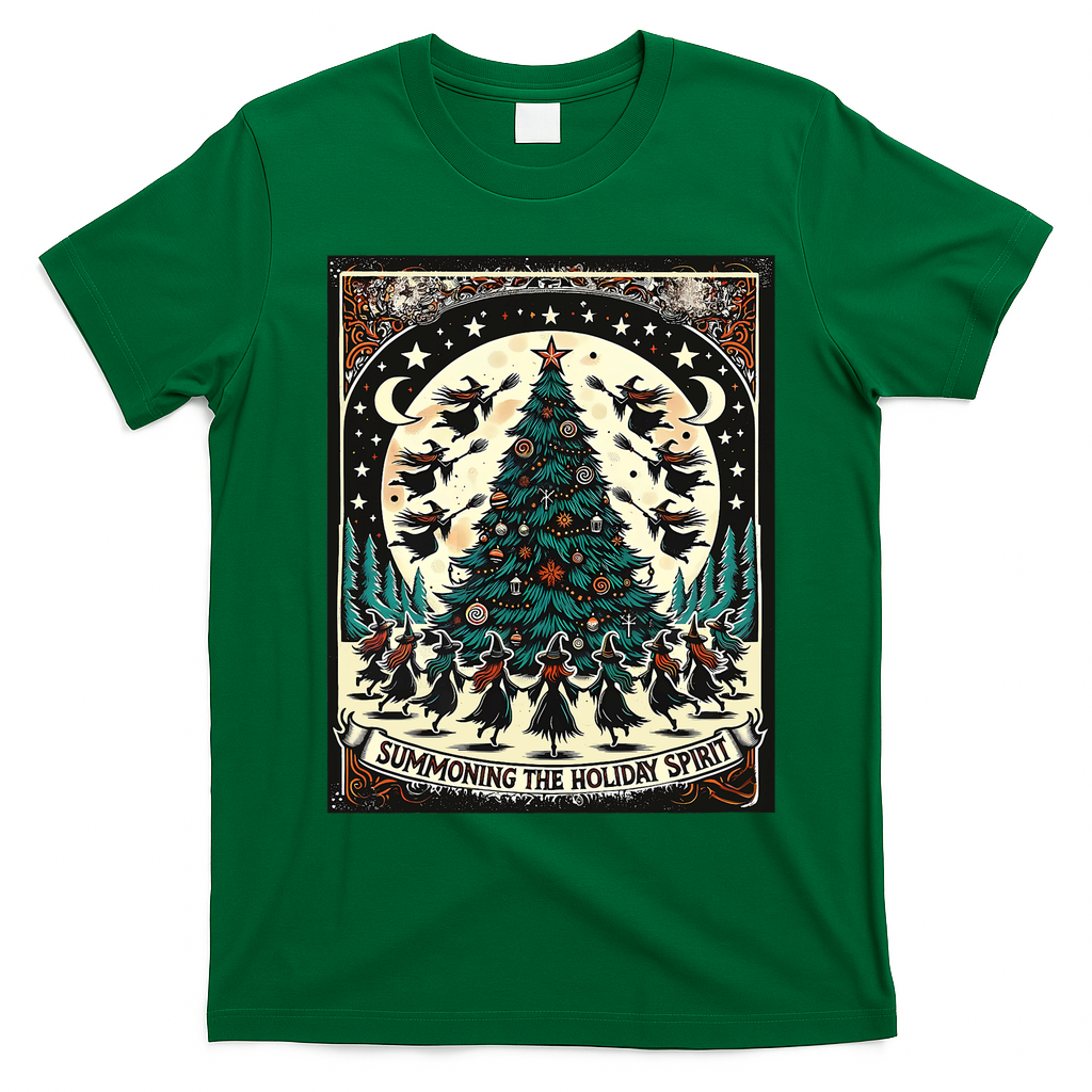 Funny Witches Summoning The Holiday Spirit Spooky Christmas T-Shirt - Irish Green