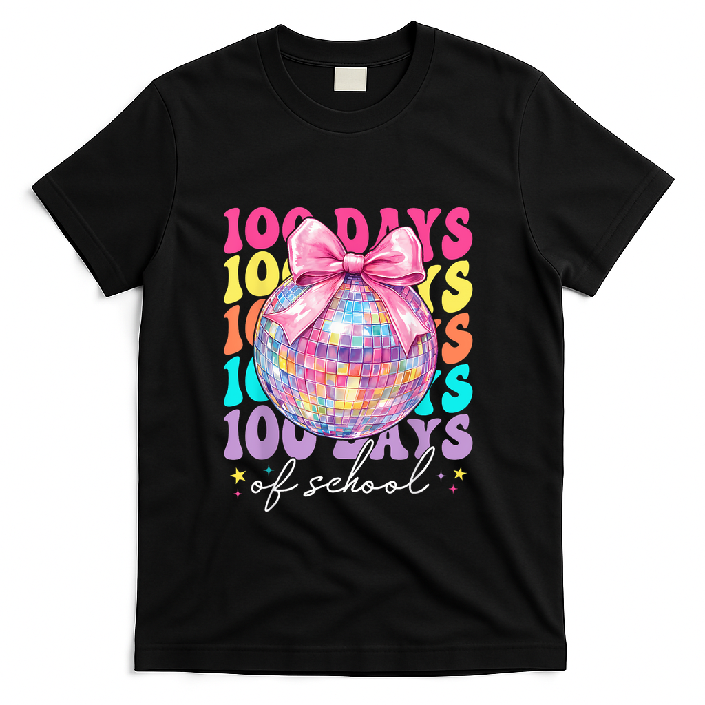 Groovy 100 Days Of School Disco Coquette Bow Teacher T-Shirt - Black