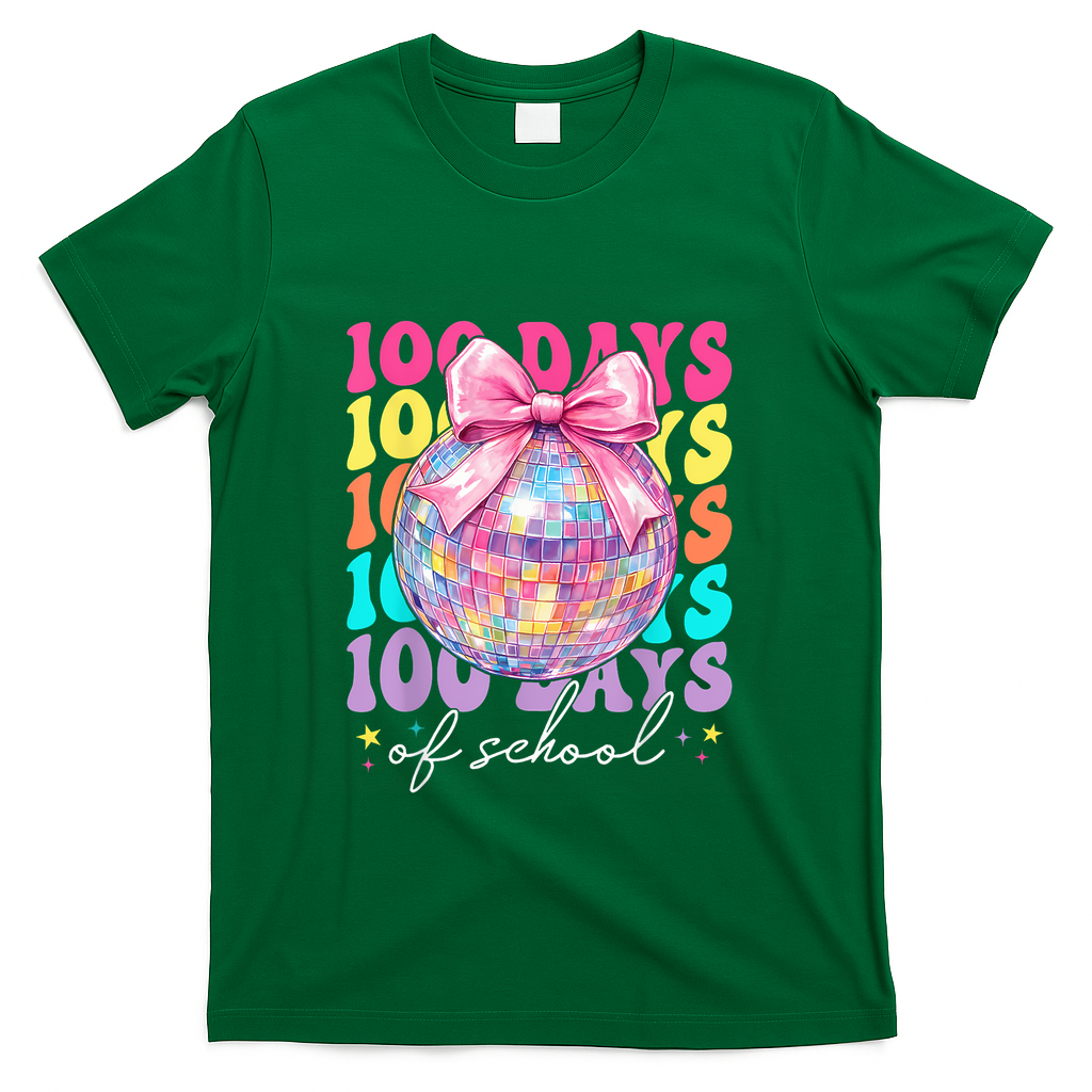 Groovy 100 Days Of School Disco Coquette Bow Teacher T-Shirt - Green