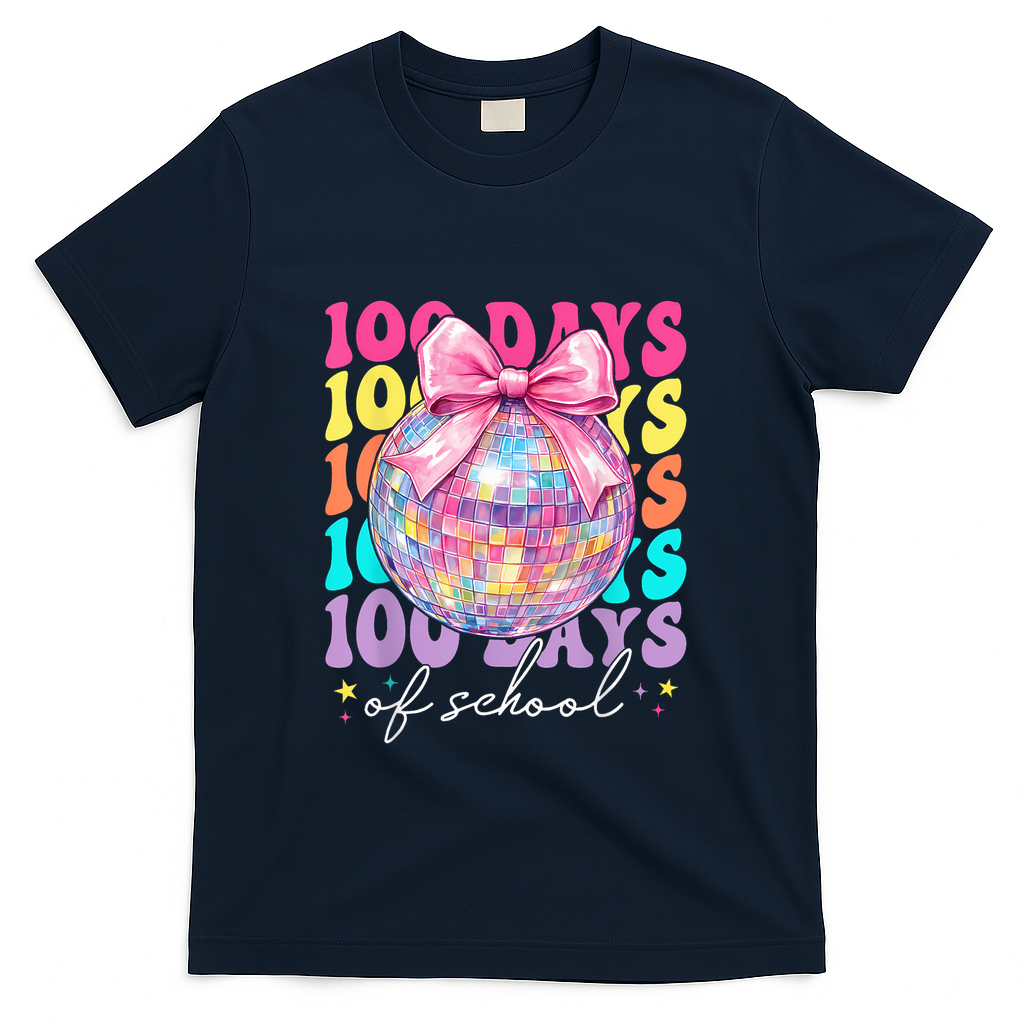 Groovy 100 Days Of School Disco Coquette Bow Teacher T-Shirt - Navy
