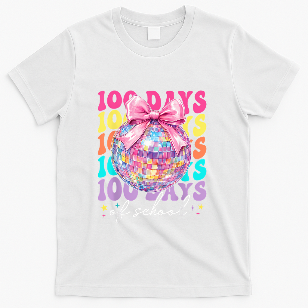 Groovy 100 Days Of School Disco Coquette Bow Teacher T-Shirt - White