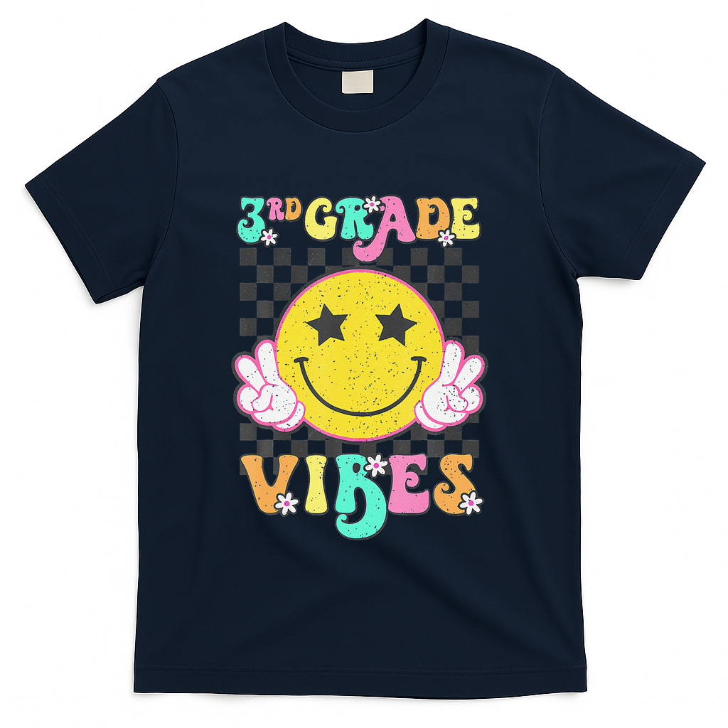 Girl 3rd Grade Vibes Smile Face Back To School Third Grade Gift T-Shirt - Navy