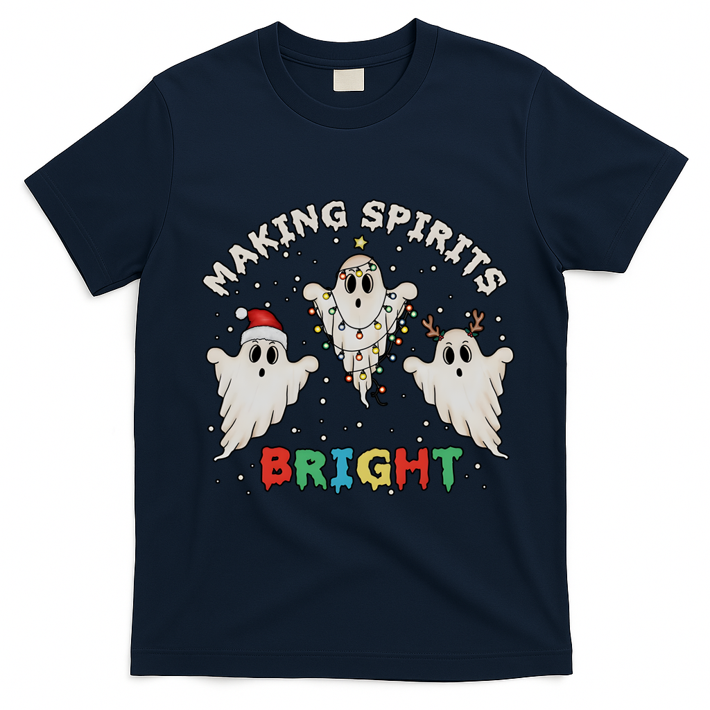 Ghost Christmas Light Scary Funny Boo Making Spirits Bright T-Shirt - Navy Blue
