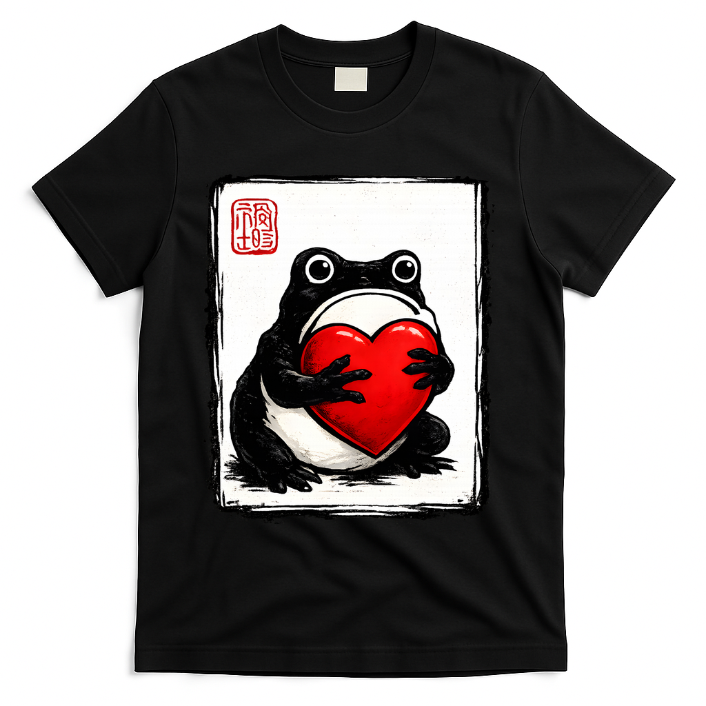 Grumpy Frog Japanese Valentine's Day T-Shirt - Black