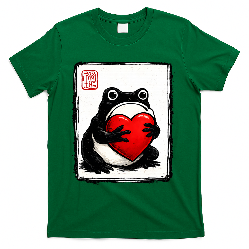 Grumpy Frog Japanese Valentine's Day T-Shirt - Green