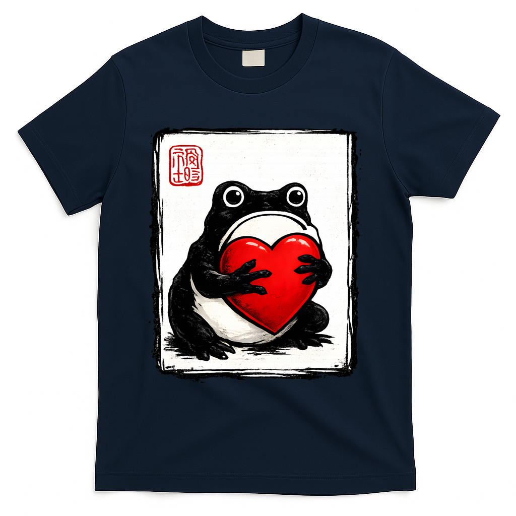 Grumpy Frog Japanese Valentine's Day T-Shirt - Navy
