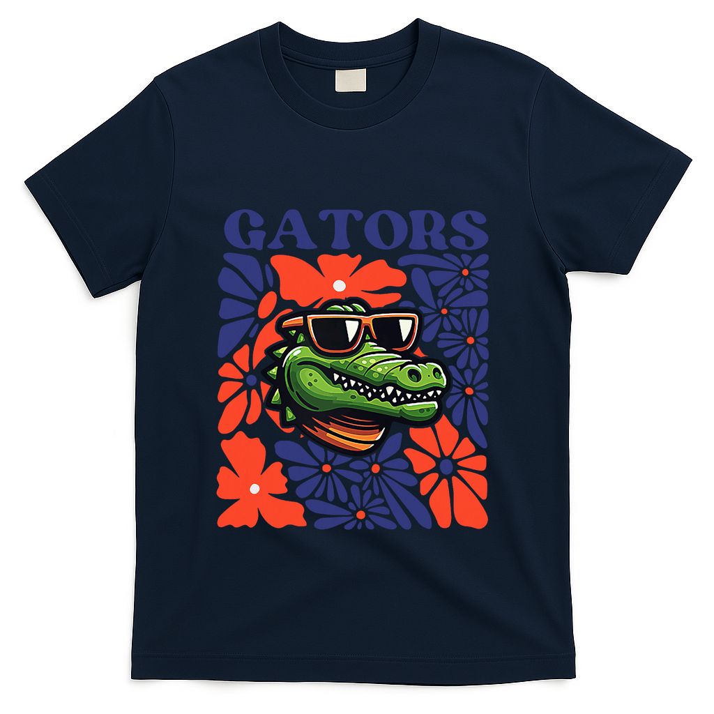 Gators Floral Retro Back To School Spirit Squad T-Shirt - Navy