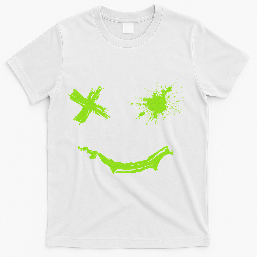 Green Grunge Smile Green Color T-Shirt - White