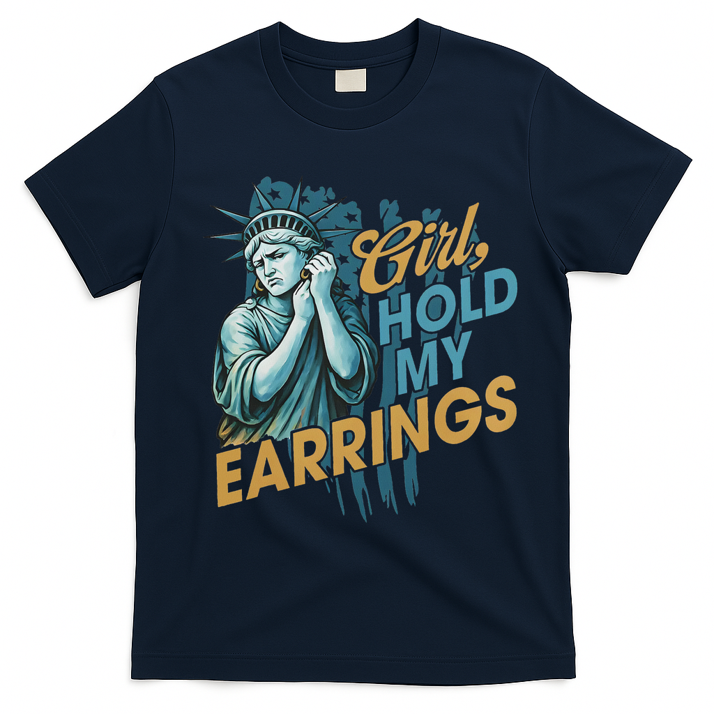 Girl Hold My Earrings, Anti Trump Political And Democracy T-Shirt - Navy Blue