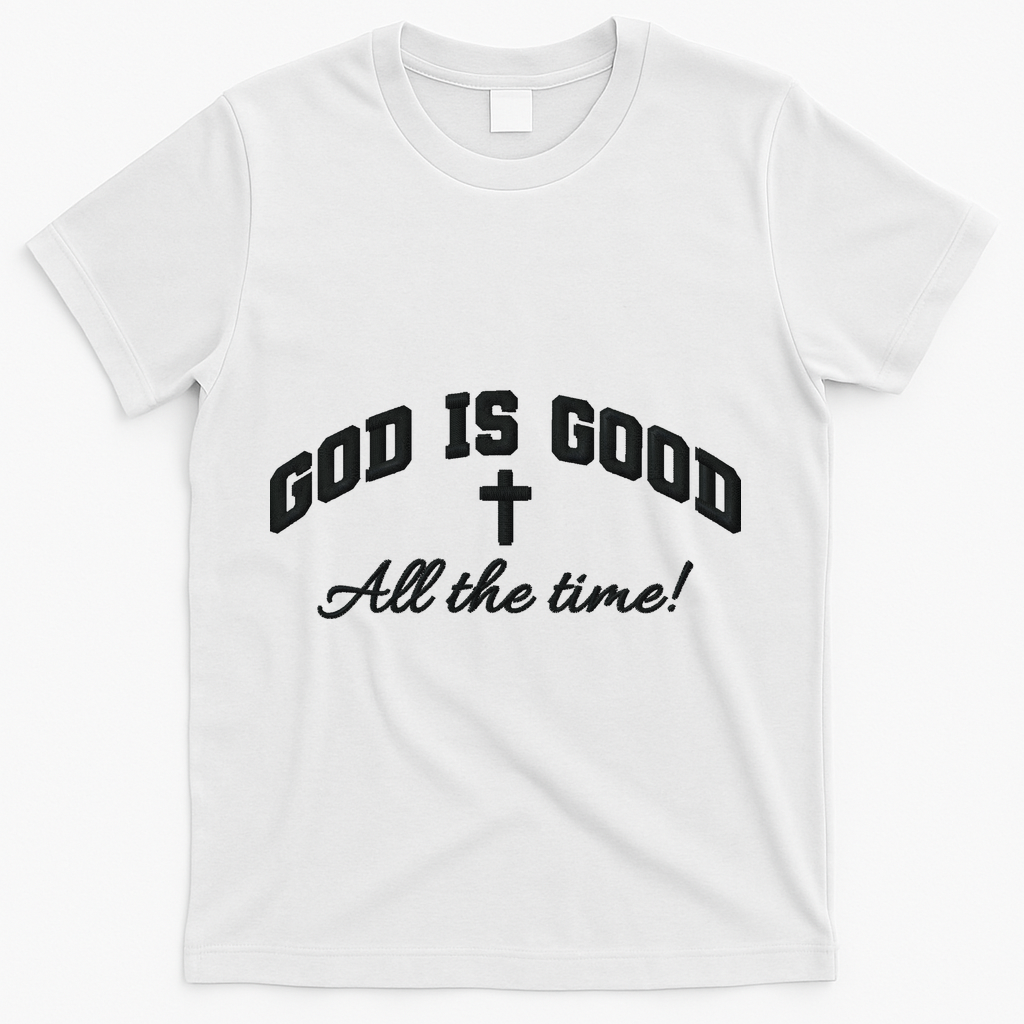 God Is Good All The Time Christian Cross Jesus Is King Puff Embroidered T-Shirt - White