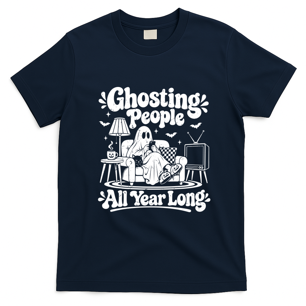 Ghosting People All Year Long Funny Halloween T-Shirt - Navy Blue