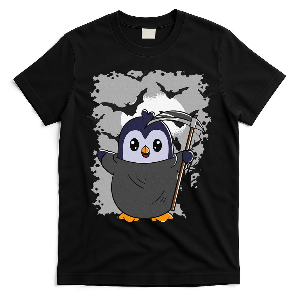 Grim Reaper Halloween Spooky Penguin Halloween Penguin T-Shirt - Black