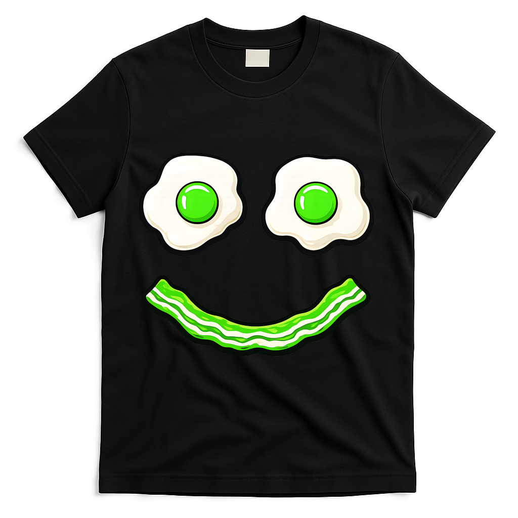 Green Smile Face Eggs And Bacon Ham Breakfast T-Shirt - Black
