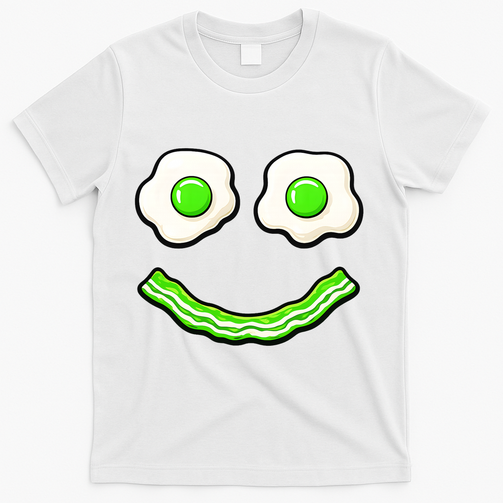 Green Smile Face Eggs And Bacon Ham Breakfast T-Shirt - White
