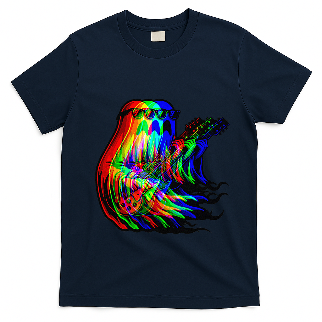 Ghost Trippy Vaporwave Electric Guitar Halloween Rock Music T-Shirt - Navy Blue