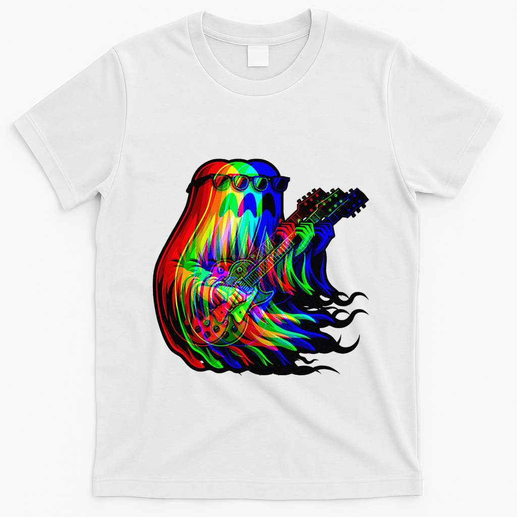 Ghost Trippy Vaporwave Electric Guitar Halloween Rock Music T-Shirt - White