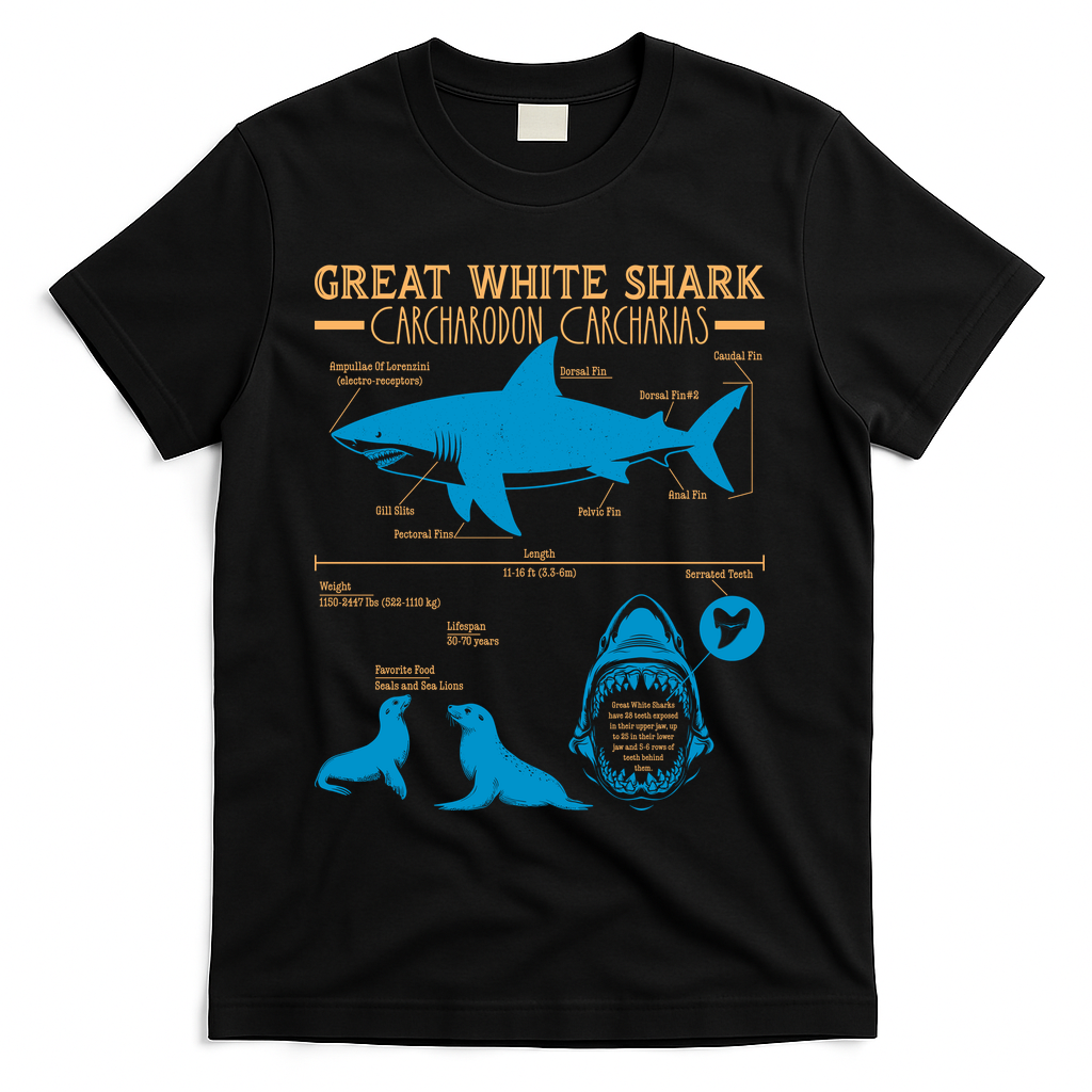Great White Shark Carcharodon Carcharias Infographic T-Shirt - Black