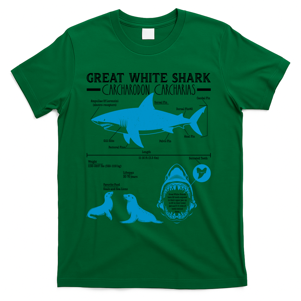Great White Shark Carcharodon Carcharias Infographic T-Shirt - Green