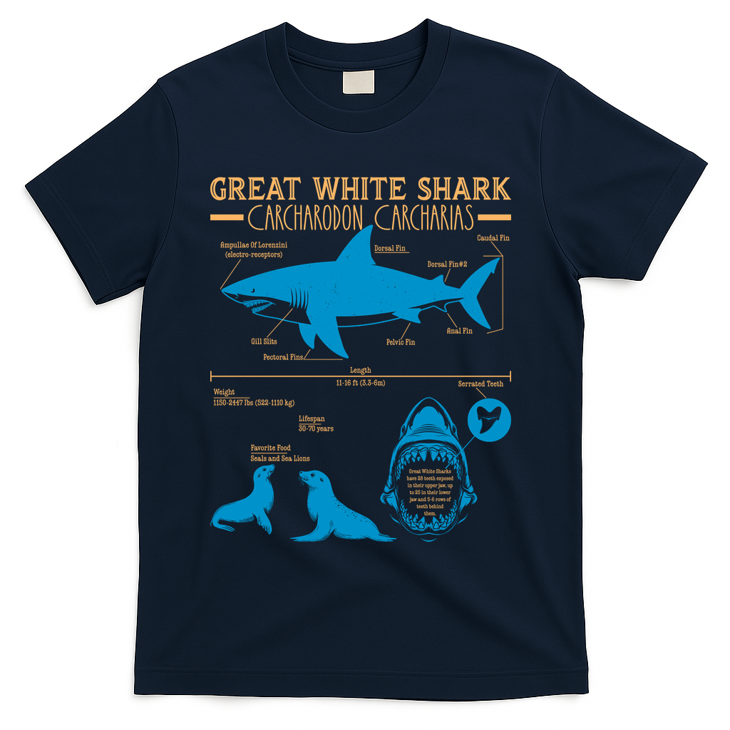 Great White Shark Carcharodon Carcharias Infographic T-Shirt - Navy