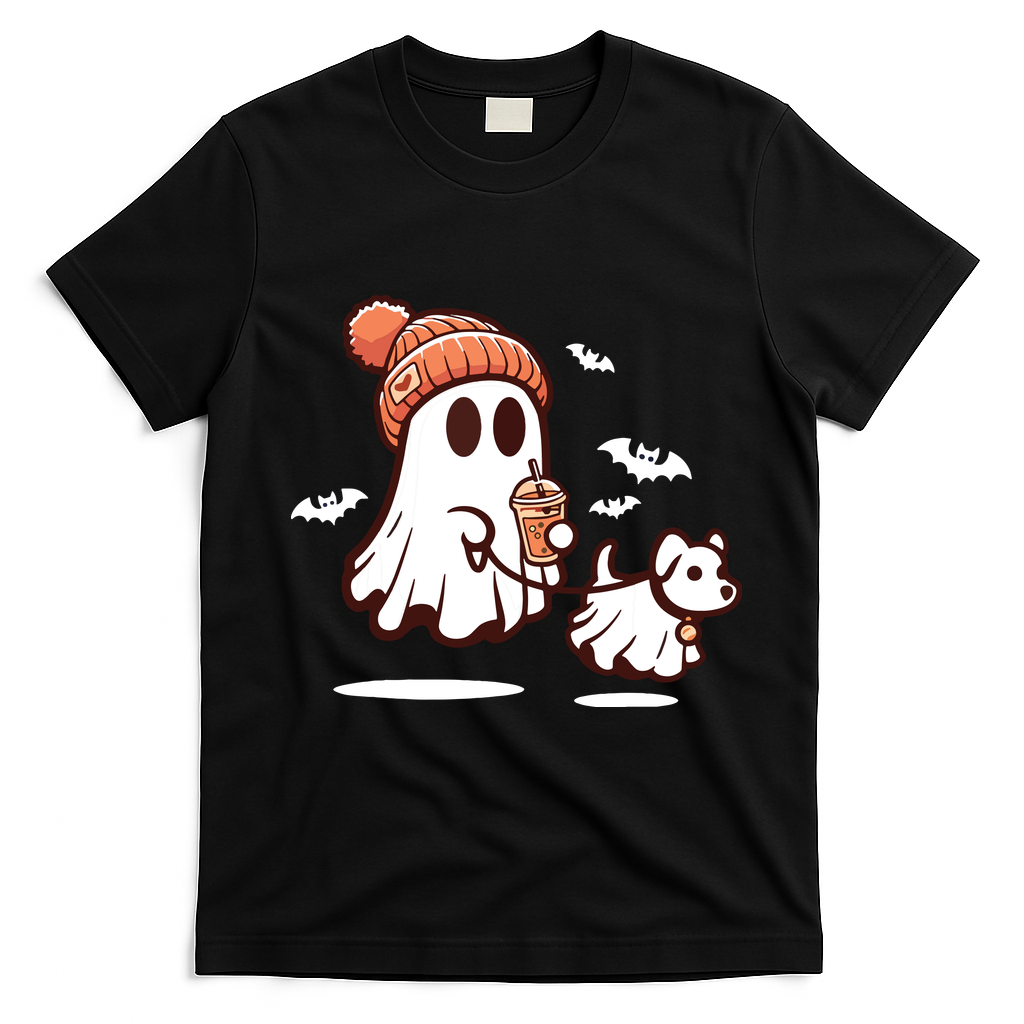 Ghost With Walking Dog Halloween T-Shirt - Black