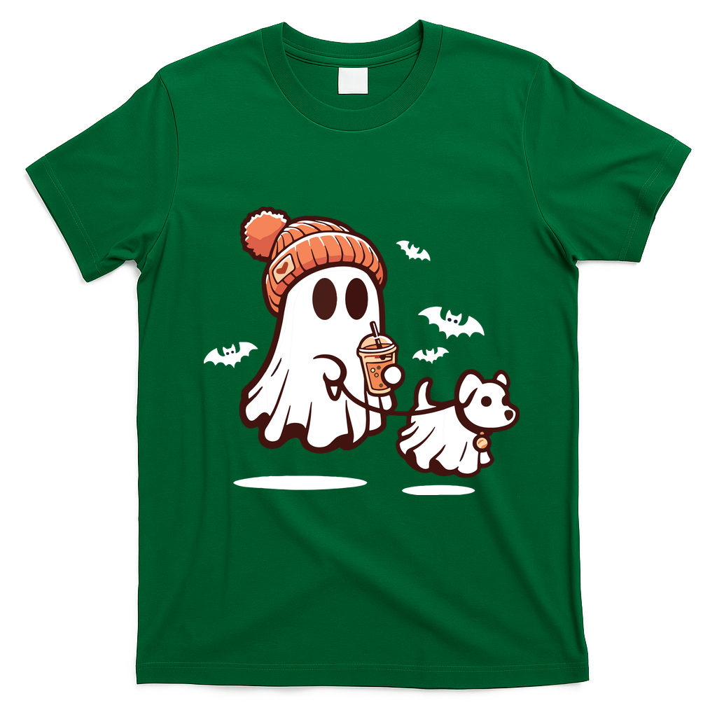 Ghost With Walking Dog Halloween T-Shirt - Irish Green