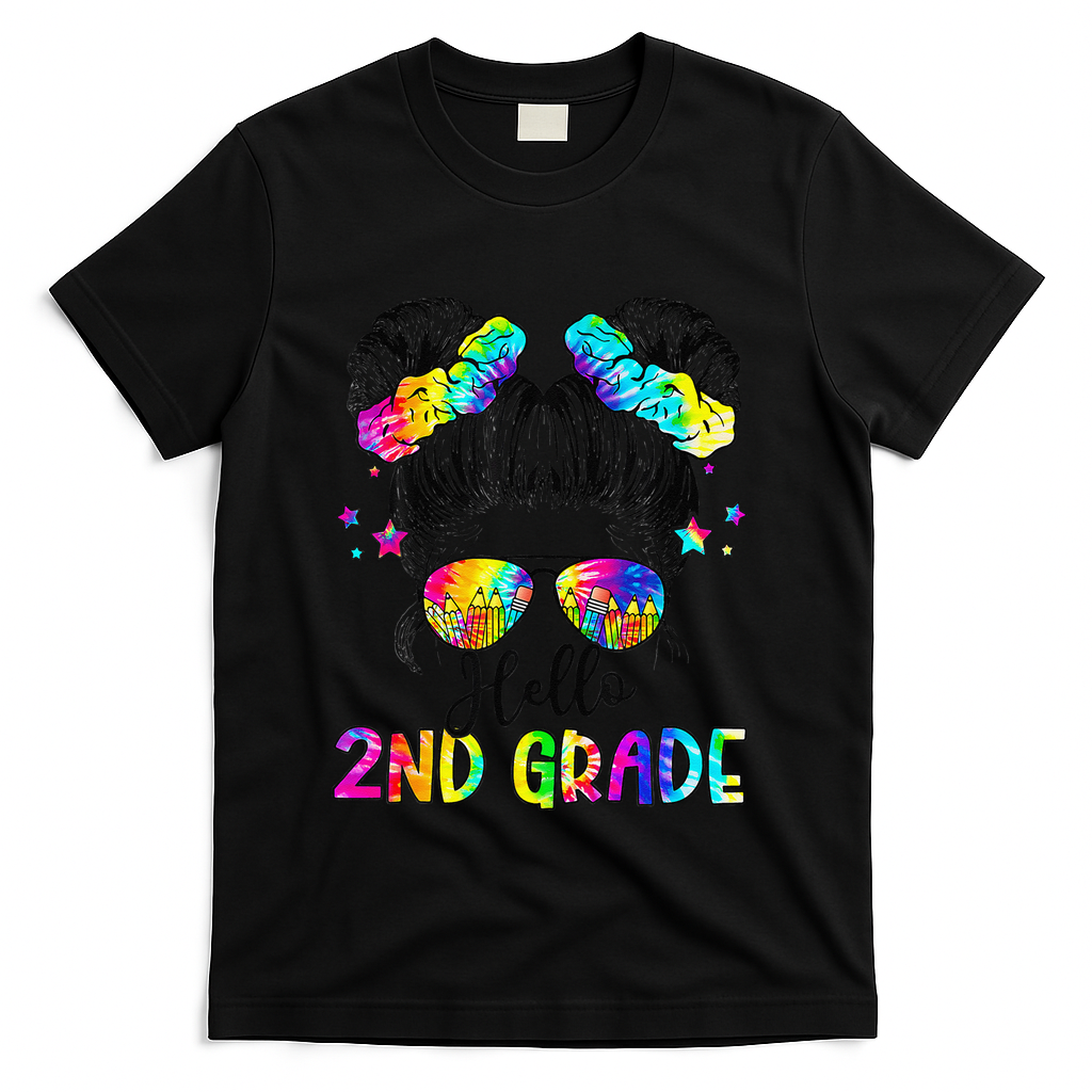 Hello 2nd Grade Messy Hair Bun Girl Back To School First Day Gift T-Shirt - Black