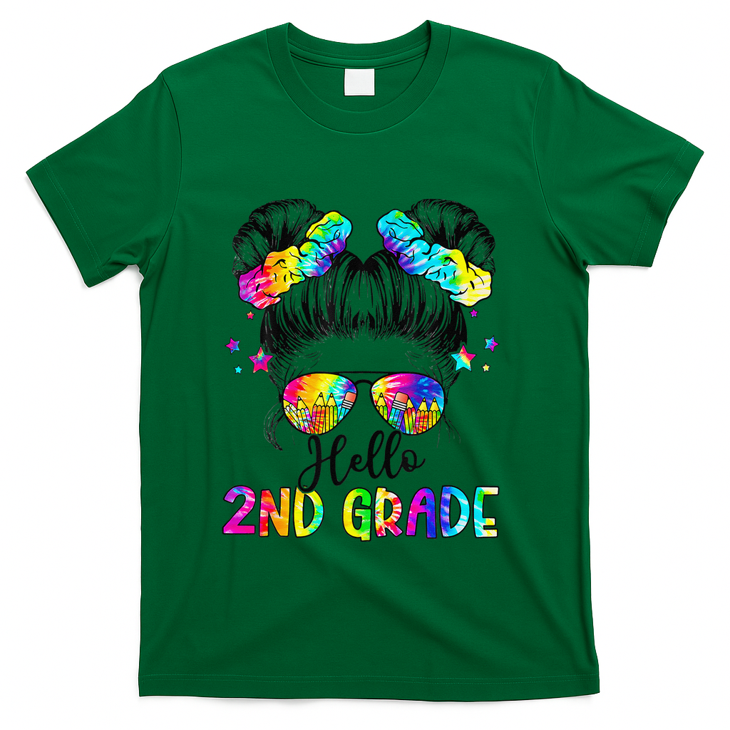 Hello 2nd Grade Messy Hair Bun Girl Back To School First Day Gift T-Shirt - Green
