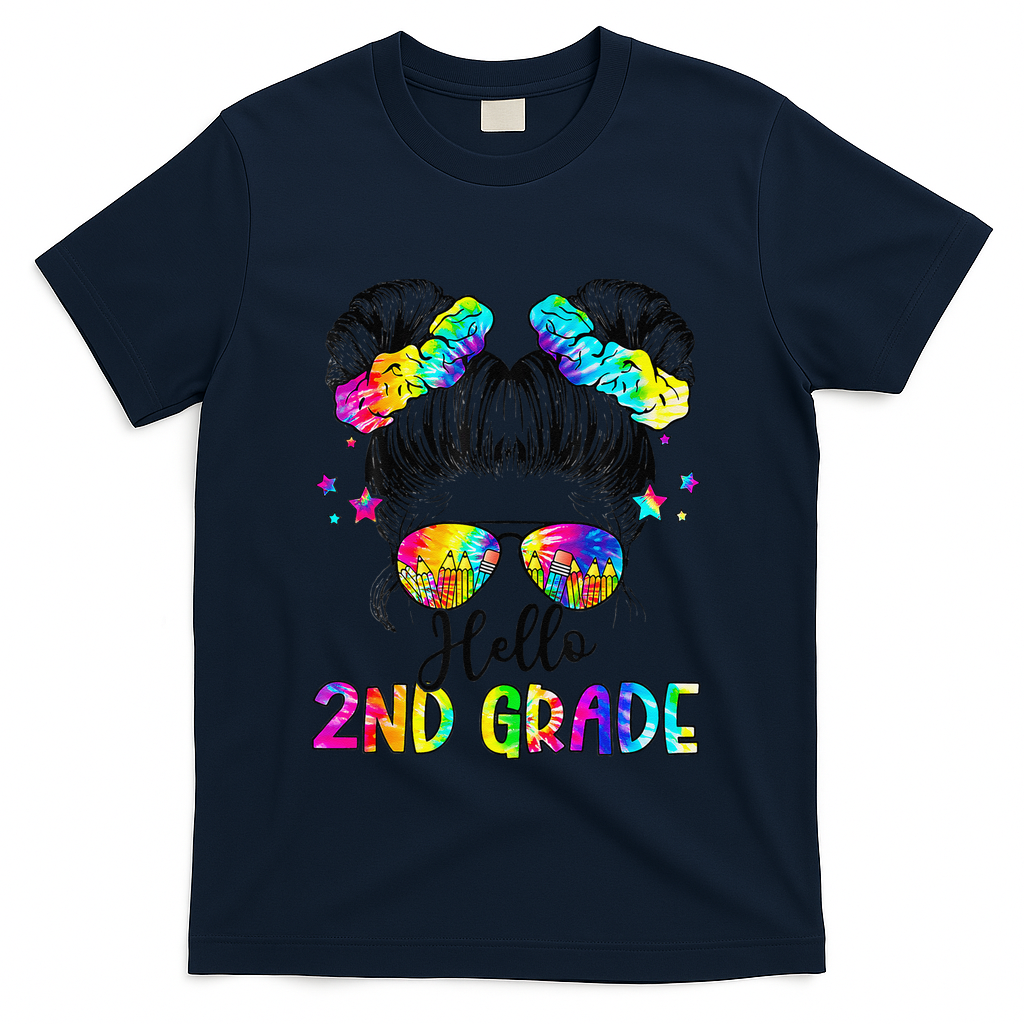 Hello 2nd Grade Messy Hair Bun Girl Back To School First Day Gift T-Shirt - Navy