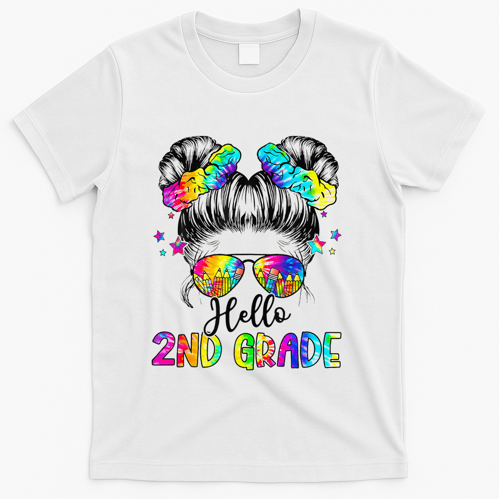 Hello 2nd Grade Messy Hair Bun Girl Back To School First Day Gift T-Shirt - White