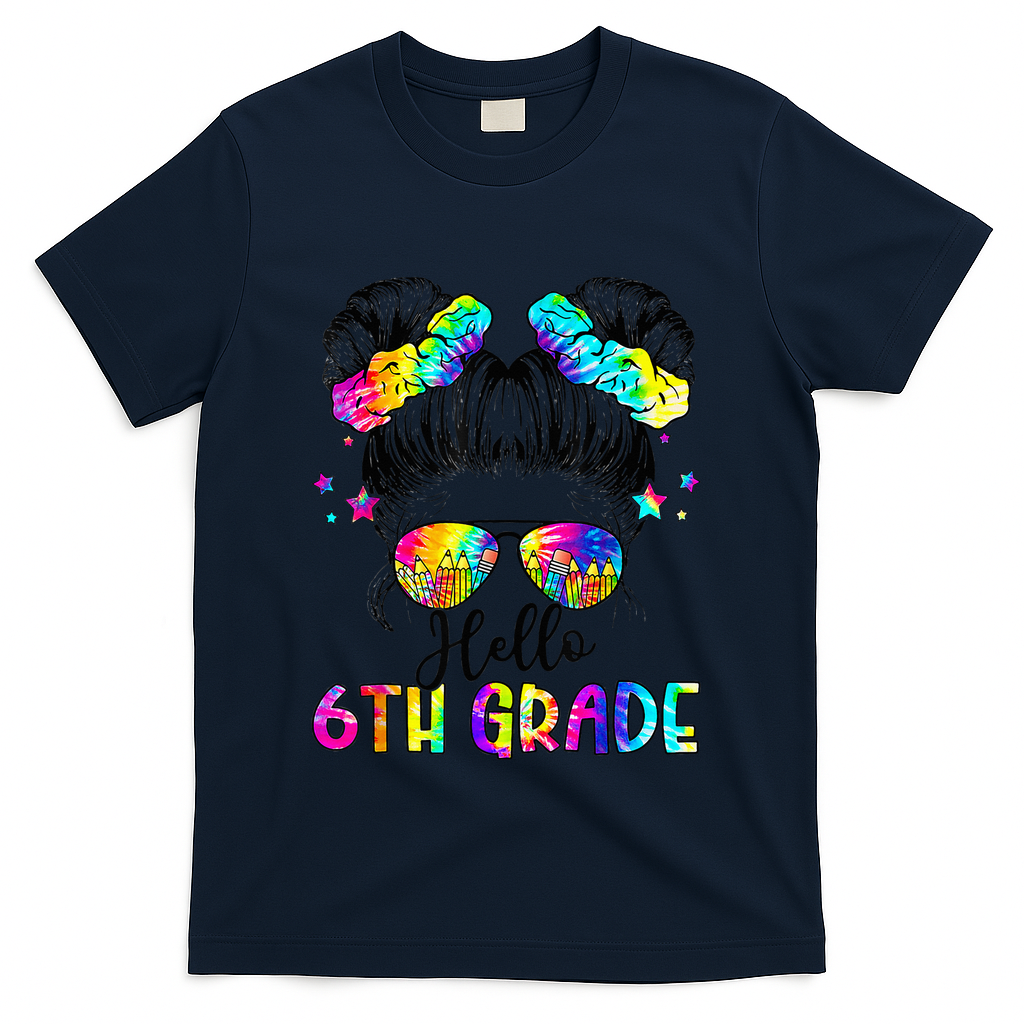Hello 6th Grade Messy Hair Bun Girl Back To School First Day T-Shirt - Navy