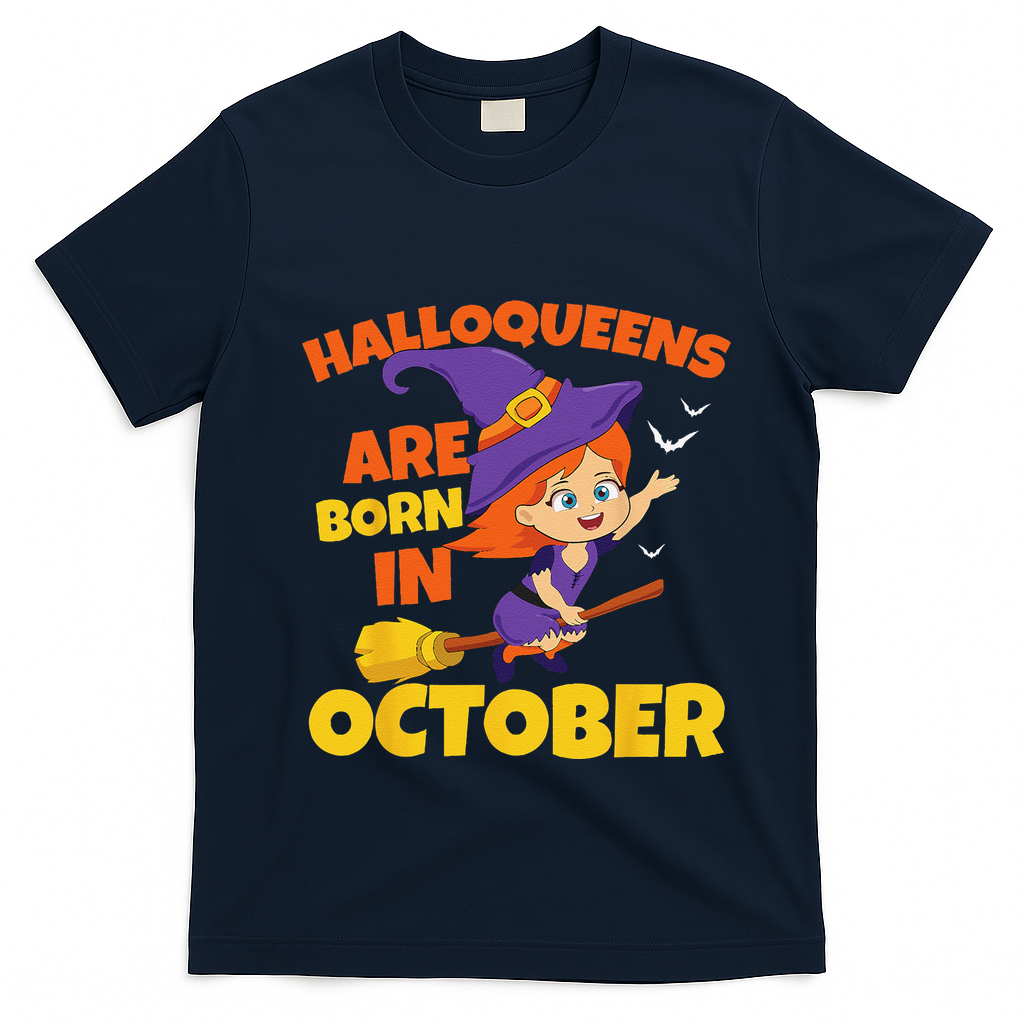 Halloqueens Are Born In October Birthday Halloween T-Shirt - Navy Blue
