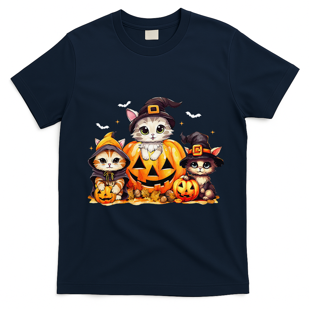 Halloween Cat Pumpkin Spooky Season Gift T-Shirt - Navy Blue