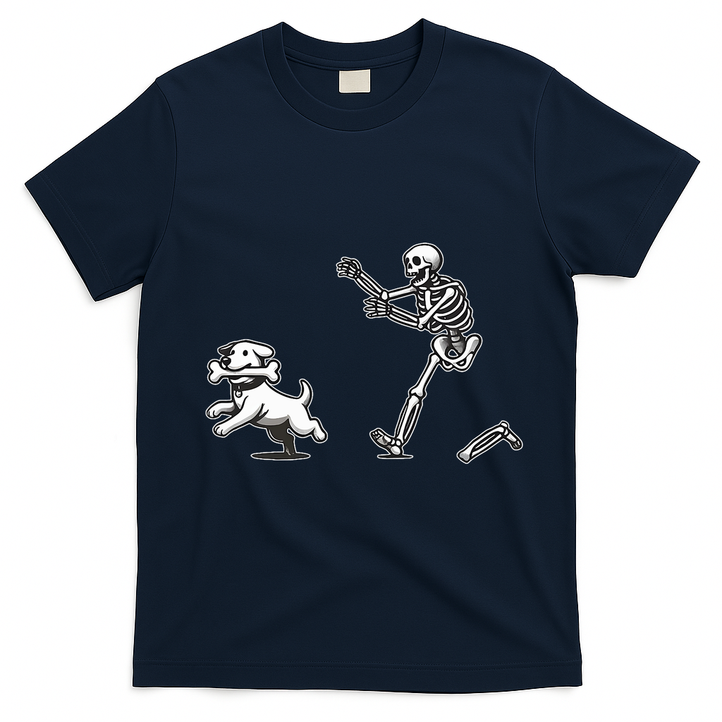 Halloween Dog Funny Skeleton Skeleton Chasing Dog T-Shirt - Navy Blue