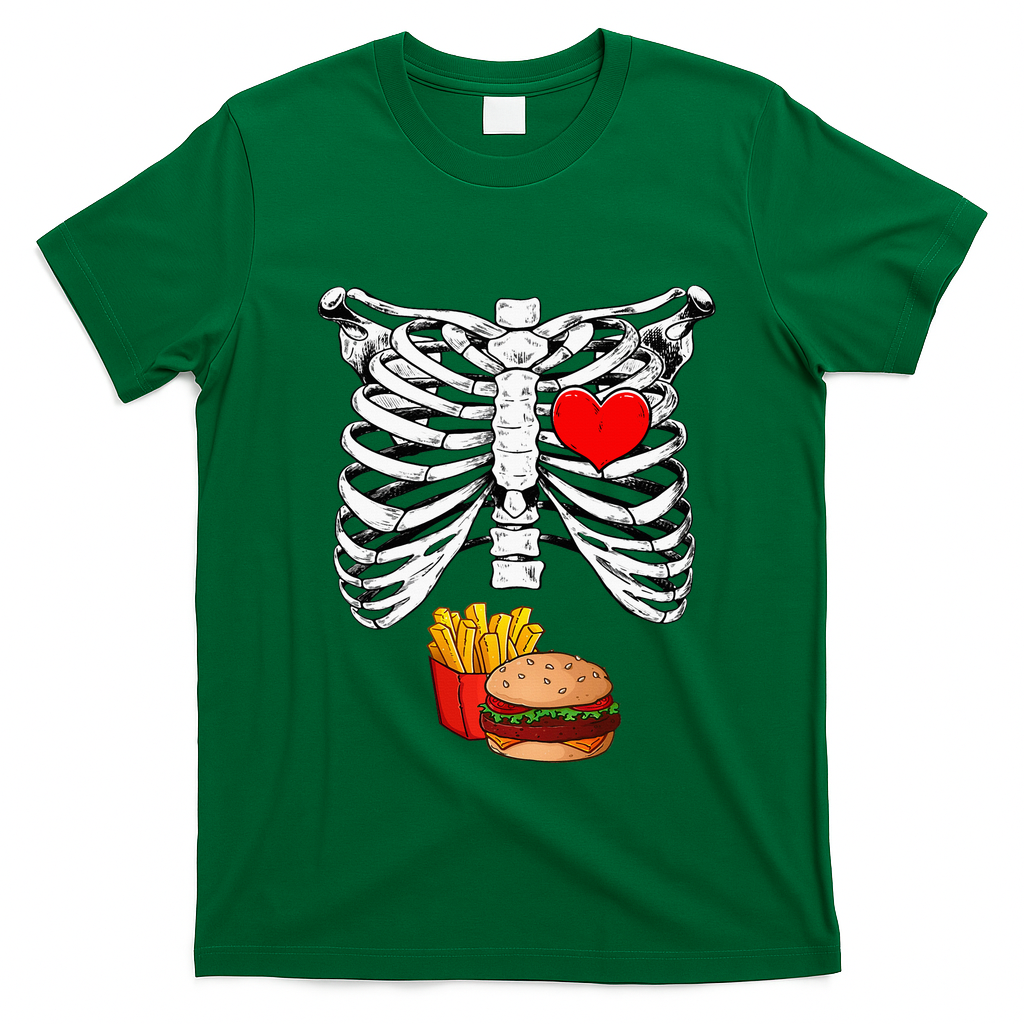 Halloween Dad Skeleton Pregnancy Hamburger Fries Xray Funny T-Shirt - Irish Green